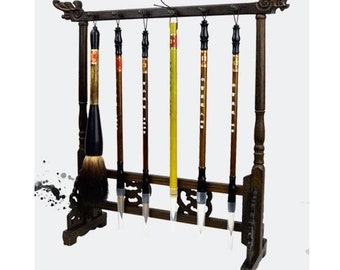 Chinese Calligraphy 6 Brush Art Set with Wooden Decorative Rack