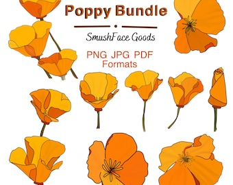 California Poppy Hand Drawn Clip Art Image Bundle DIGITAL DOWNLOAD