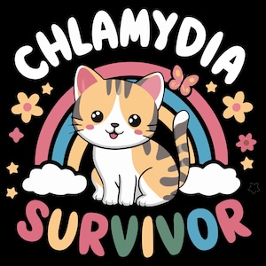 Puede incluir: Un lindo gato de dibujos animados con pelaje naranja y blanco se sienta frente a un arcoíris con las palabras "Chlamydia Survivor" en letras de colores.