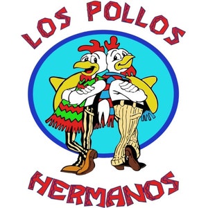 Peut inclure: Un cercle bleu et blanc avec deux coqs de dessin animé portant des sombreros et se tenant la main. Le texte "LOS POLLOS HERMANOS" est écrit en rouge autour du cercle.
