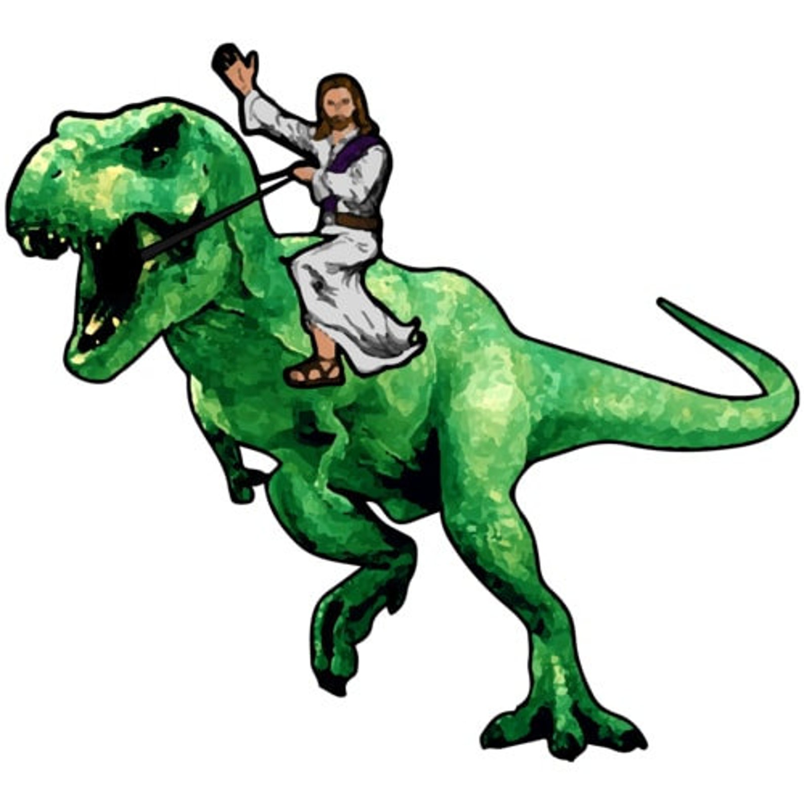 Jesus holding a dinosaur