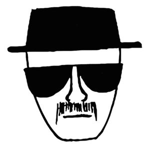May include: Black and white line drawing of a person wearing a hat and sunglasses. The person has a mustache and a serious expression.
