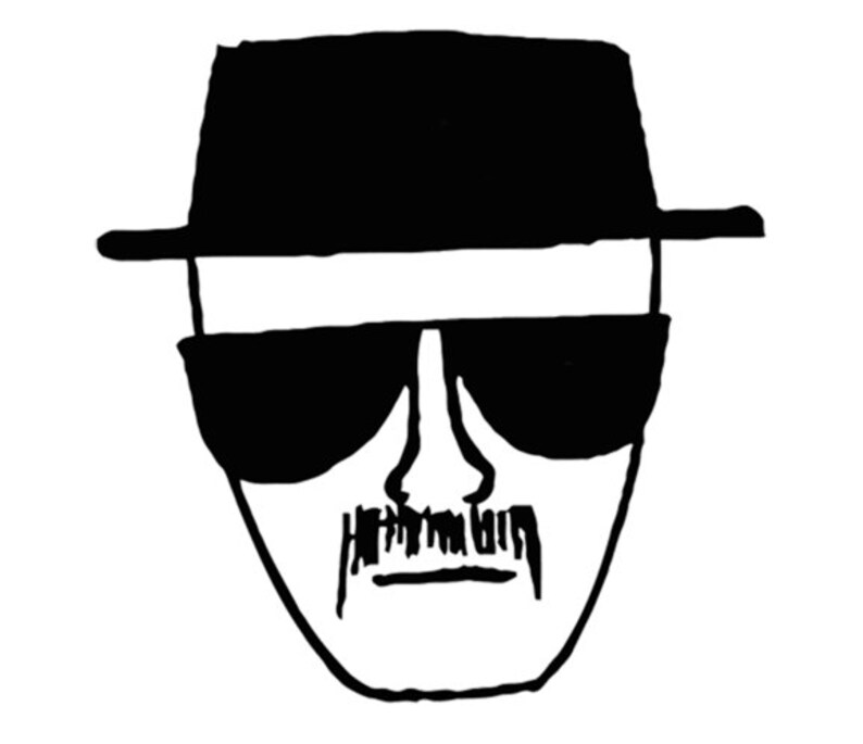 May include: Black and white line drawing of a person wearing a hat and sunglasses. The person has a mustache and a serious expression.