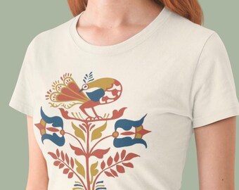 Pennsylvania Dutch Folk Art Bird Shirt | Fraktur Tulip Design Tee | Vintage Americana Comfort Colors 1717 | Colonial Style T-Shirt