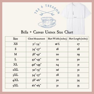 Puede incluir: Una camiseta blanca con una tabla de tallas para camisetas unisex de Bella + Canvas. La tabla incluye medidas de pecho, ancho y largo de la camiseta en pulgadas para las tallas XS a 5XL. En la esquina superior izquierda, un logo con el texto "TEA & TREASON".