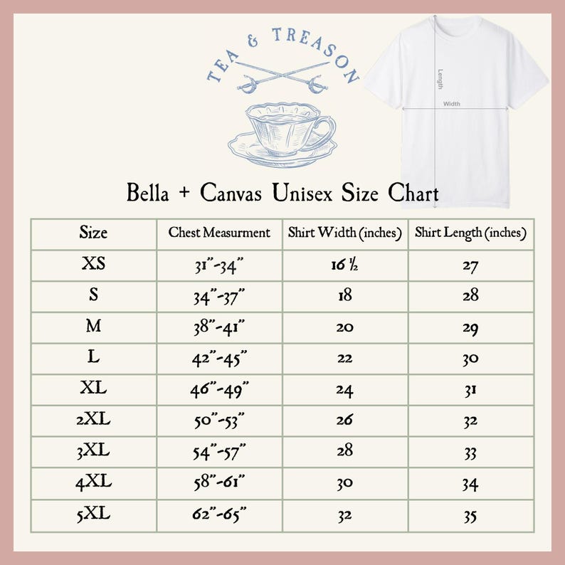 Puede incluir: Una camiseta blanca con una tabla de tallas para camisetas unisex de Bella + Canvas. La tabla incluye medidas de pecho, ancho y largo de la camiseta en pulgadas para las tallas XS a 5XL. En la esquina superior izquierda, un logo con el texto "TEA & TREASON".