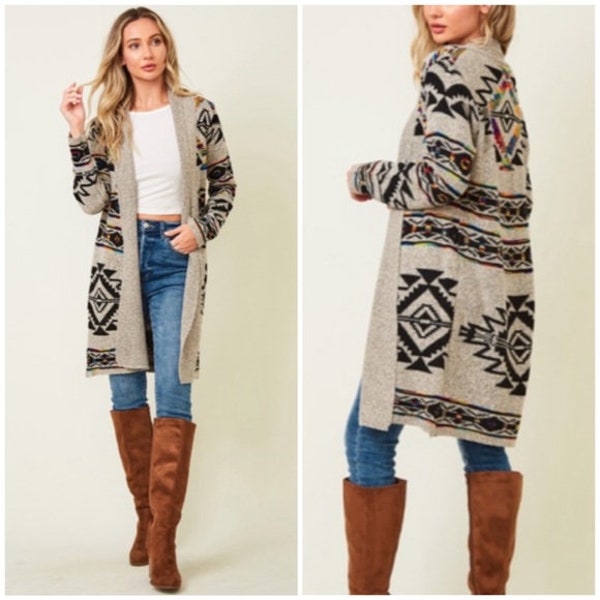 Taupe Multi Color Aztec Tribal Native Western Boho Open Cardigan Knit Sweater