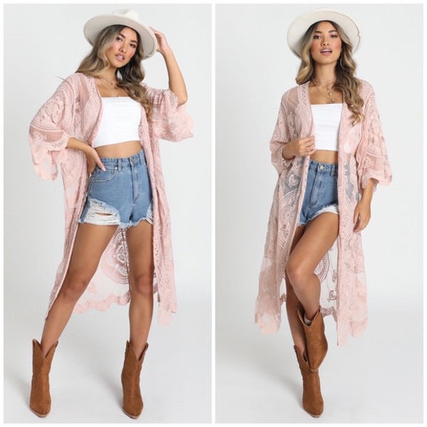 Blush Pink Scalloped Sheer Mesh Lace Maxi Duster Boho Kimono Coverup Wrap Women's