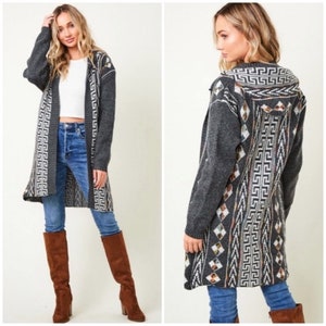 Gray Native Cowichan Aztec Boho Hooded Open Knit Casual Cardigan Sweater