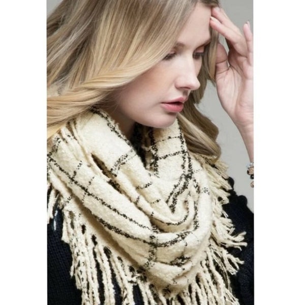 Ivory Plaid Soft Knit Infinity Tassel Fringe Scarf Fall Winter Women's Casual Gift