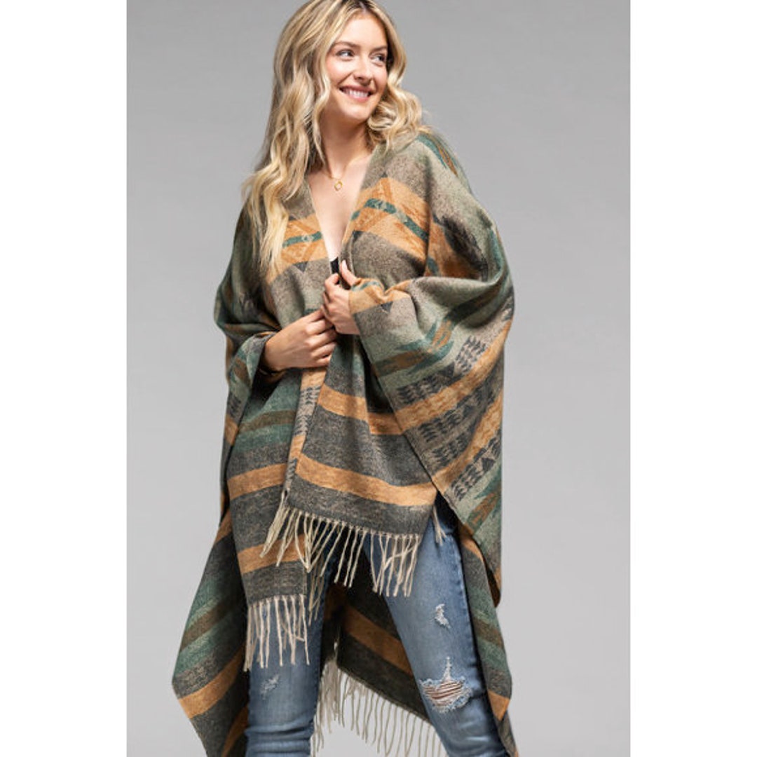 Olive Green Woven Aztec Pattern Ruana Open Poncho Knit Wrap W/ Fringe ...