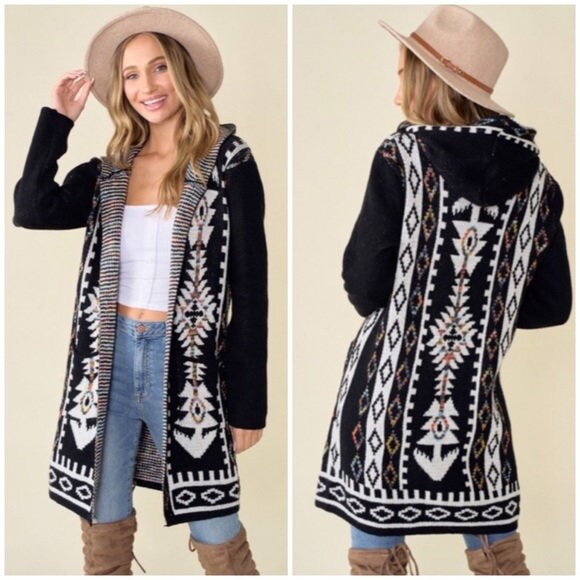 Black Aztec Rainbow Western Hooded Knit 