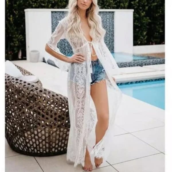 White Eyelash Lace Bohemian Long Sleeve Long Kimono Sheer See Thru Duster Wrap Coverup Women's One Size