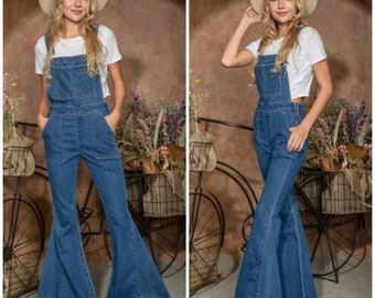 Flare Denim Overalls Bohemian 70's Retro Bell Bottom Casual Womens Country Boho