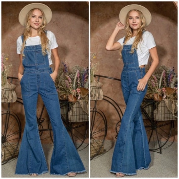 Flare Denim Overalls Bohemian 70's Retro Bell Bottom Casual Womens