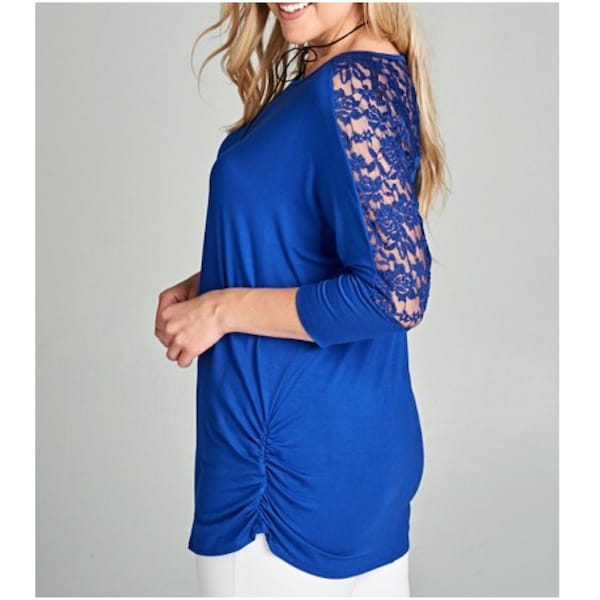 Plus Size Tunic Top Shirt Lace 3/4 Sleeve Casual Ruched Royal Blue Spring Summer Soft 1X