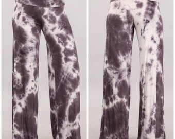 Taupe Gray Boho Tie Dye Foldover High Waist Wide Leg Palazzo Lounge Stretch Pants Womens Casual Soft Stretch Lounge