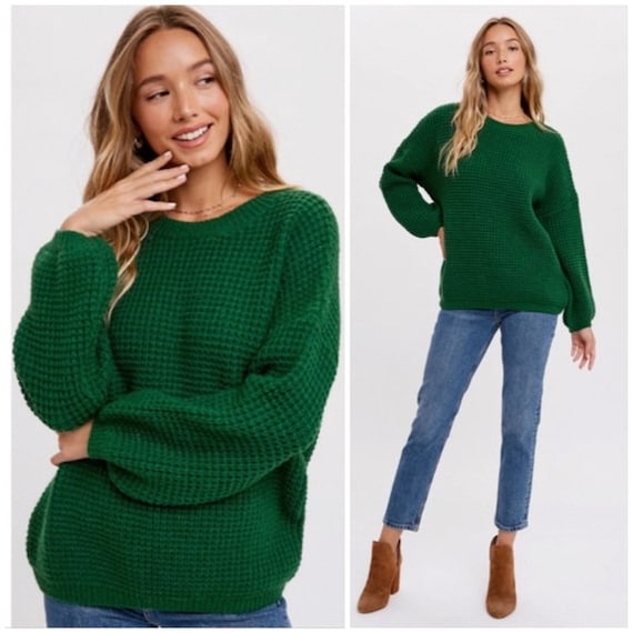 Green waffle shop knit sweater