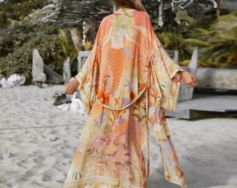 Mermaid Dreams Orange Tangerine Coral Boho Bohemian Kimono Duster Robe Coverup Wrap Summer Vacation Womens Top