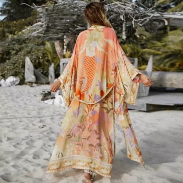 Mermaid Dreams Orange Tangerine Coral Boho Bohemian Kimono Duster Robe Coverup Wrap Summer Vacation Womens Top