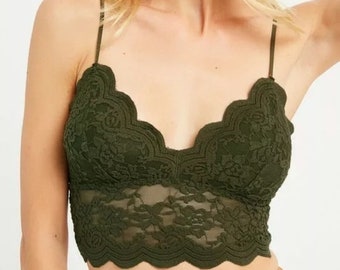 Olive Sheer Lace Scalloped Brami Bralette Women's Bra