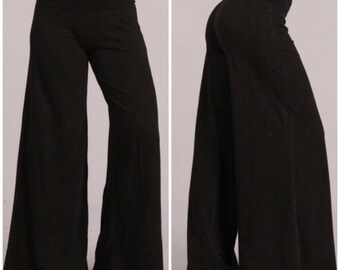 Black Mineral Wash Wide Leg High Waist Palazzo Boho Casual Pull On Pants Women's