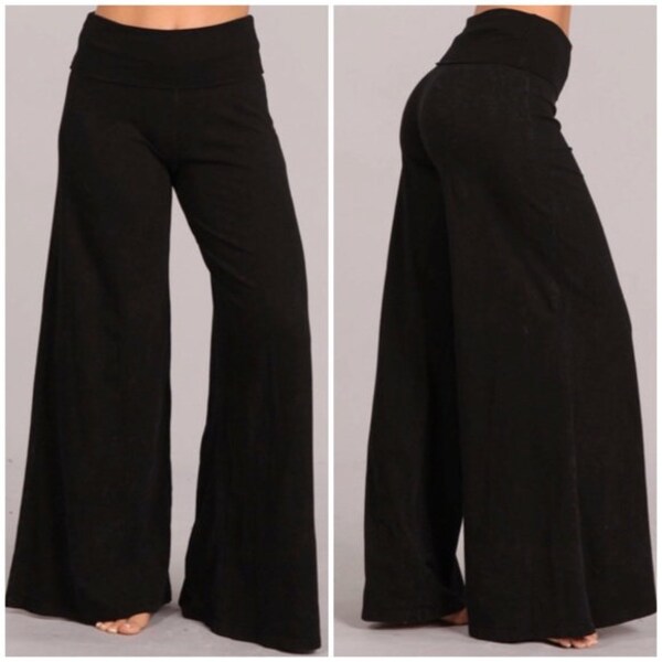 Black Mineral Wash Wide Leg High Waist Palazzo Boho Casual Pull On Pants Women's