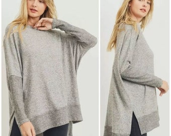 Gray Soft Brushed Knit Hi Lo High Low Hem Casual Tunic Sweater Top