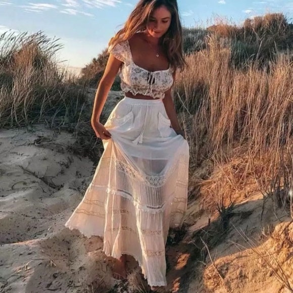 Bohemian Ease: Styling A White Maxi Skirt With Heathered Grey