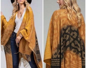 Tuscan Gold Mustard Yellow Golden Animal Print Color Block Knit Ruana Tassel Fall Winter Casual Wrap Women's Fall Winter