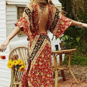 Red Bohemian Floral Open Back Kimono Maxi Dress Long Full Length Casual Summer Vacation Boho