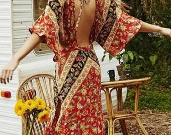 Red Bohemian Floral Open Back Kimono Maxi Dress Long Full Length Casual Summer Vacation Boho