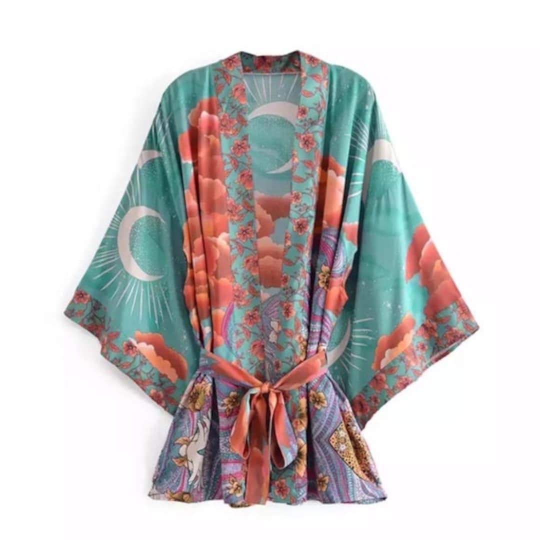 Green Cosmic Galaxy Moon Boho Bohemian Short Kimono Coverup Robe Wrap ...
