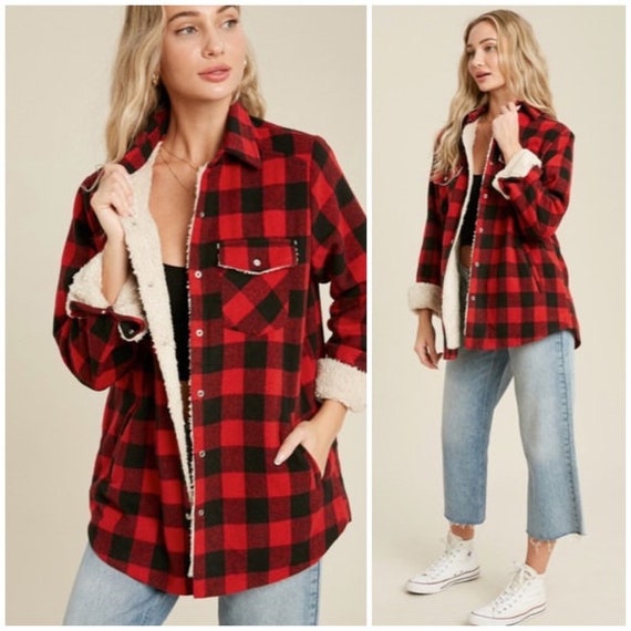 Red Buffalo Plaid Sherpa Lined Shacket Shirt Jacket