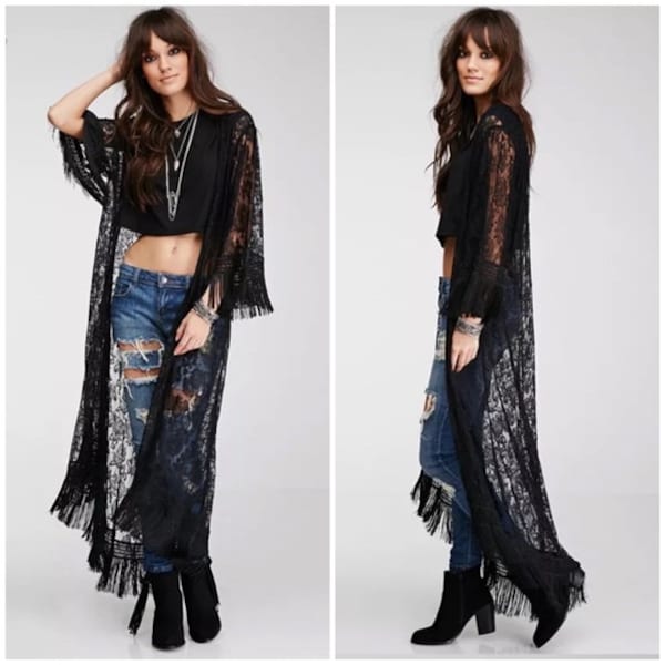 Black Lace Sheer Boho Fringe Tassel Maxi Duster Wrap Womens Bohemian