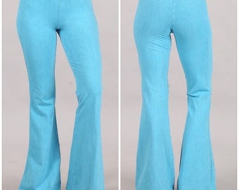 Bright Aqua Blue Boho Mineral Wash Flared Stretch Pants Bohemian Vintage Casual Womens