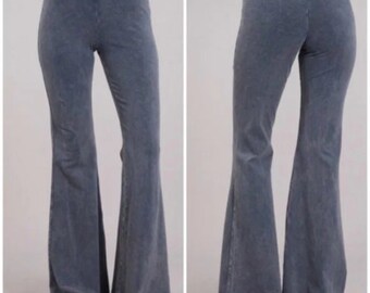Blue Gray Boho Mineral Wash Flared Stretch Pants Bohemian Vintage Casual Womens