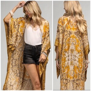 Mustard Boho Bohemian Mandala Kimono Wrap Womens Casual Top One Size Summer Coverup