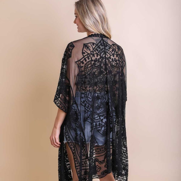 Black Sheer Floral Lace Mandala Embroidered Mesh Kimono Open Wrap Top Coverup Spring Summer Women's One Size Gift