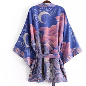Cosmic Galaxy Moon Boho Bohemian Short Kimono Coverup Robe Wrap Casual Women's