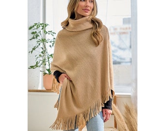 Taupe Cowl Neck Knit Sweater Fringe Poncho Women's Casual One Size