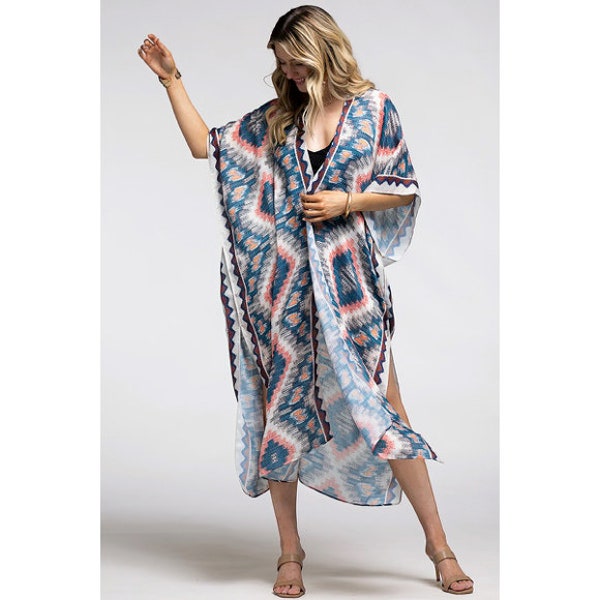 Beige Multi Long Open Front Aztec Tribal Pattern Kimono Wrap Coverup Top Western Boho Bohemian Spring Summer Women's Casual One Size