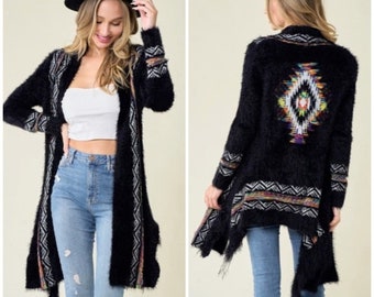 Black Fuzzy Eyelash Fringe Rainbow Colorful Aztec Western Pattern Open Knit Cardigan Sweater Casual Women's Fall Winter