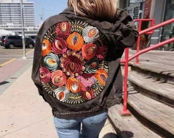 Boho Embroidered Multi Color Floral Black Denim Jean Relaxed Oversized Bohemian Casual Women's Jacket