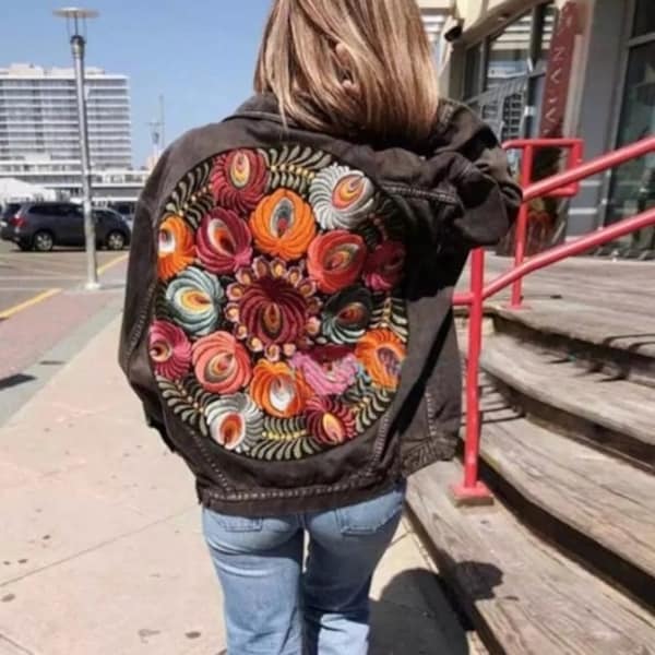 Boho Embroidered Multi Color Floral Black Denim Jean Relaxed Oversized Bohemian Casual Women's Jacket