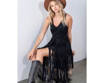 Black Faux Suede Western Boho Fringe Sleeveless Southern Bohemian Women's Dress