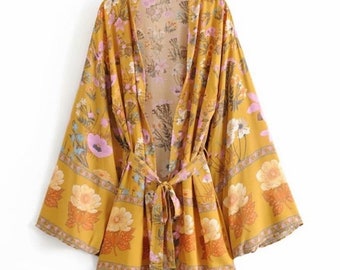 Golden Mustard Yellow Festival Bohemian Flower Floral Boho Printed Short Kimono Robe Tunic Wrap Casual Spring Summer Women's