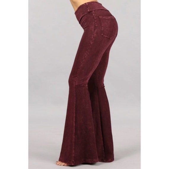 Burgundy Mineral Wash French Terry Flared Stretch Bell Bottom Pull