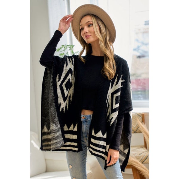Ethnic Geometric Winter Warm Hooded Shawl main image 1