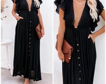 Black Gauze Boho Raw Hem Button Maxi Semi Sheer Casual Spring Summer Women's Dress One Size